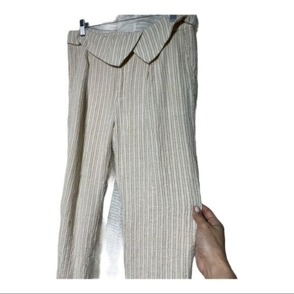 Beige Striped High-Waisted Linen-Blend Lagenlook  Pants Size L - Picture 1 of 3